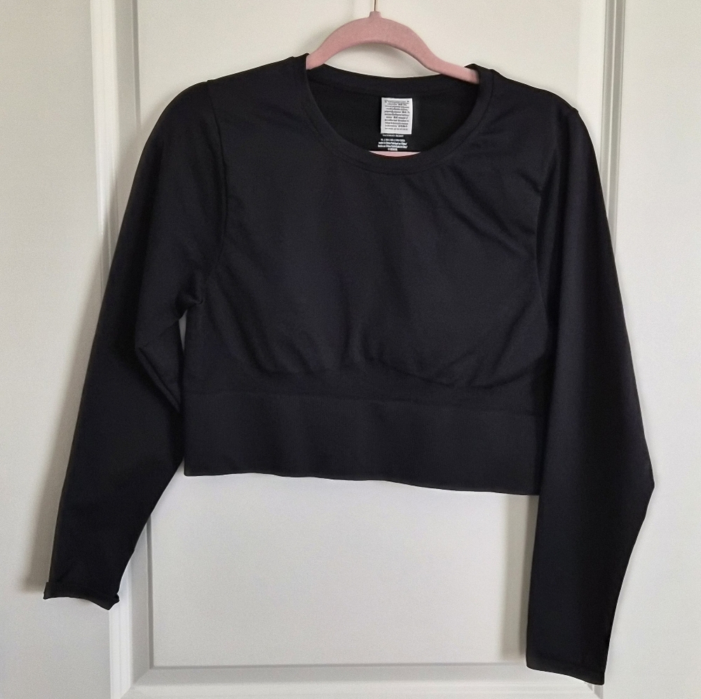 VS Pink Black Long Sleeve Athletic Ribbed Crop Top Womens Size XL